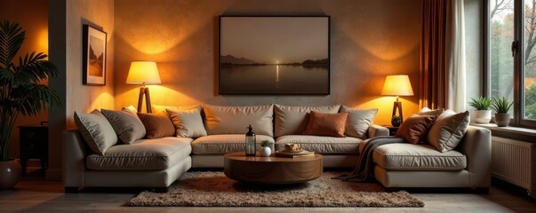 Plush sofas, warm lamps, soft cushions, cozy living room , comforting, living room decor
