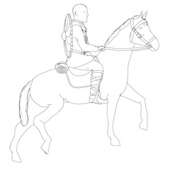 A man is riding a horse. The man is wearing a backpack and a bow and arrow. The horse is running