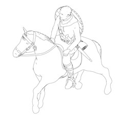 A man is riding a horse with a sword on his back. The man is dressed in a uniform and he is a soldier. The horse is galloping and the man is holding onto the reins tightly. The scene is action-packed