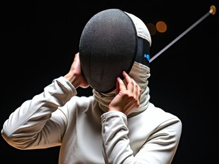 Person wearing a white outfit with a black mask on their head. The person is holding a stick in their hand