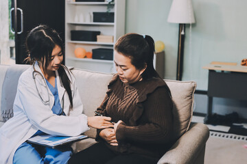 Homecare nursing service and elderly people cardiology healthcare. Close up of young hispanic...