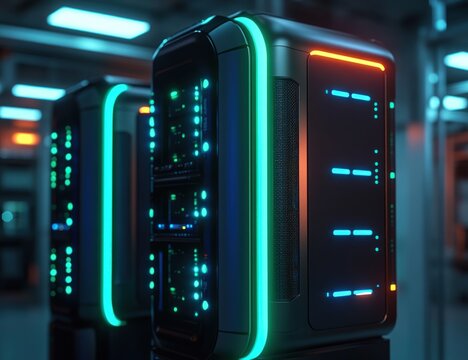 Futuristic server racks in a modern data center