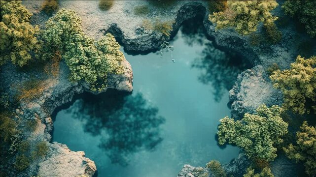 A tranquil lake with a rocky shore, surrounded by lush green foliage and bathed in sunlight.