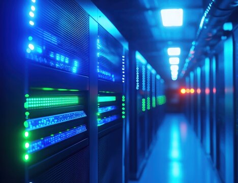 Server room illuminated by glowing lights