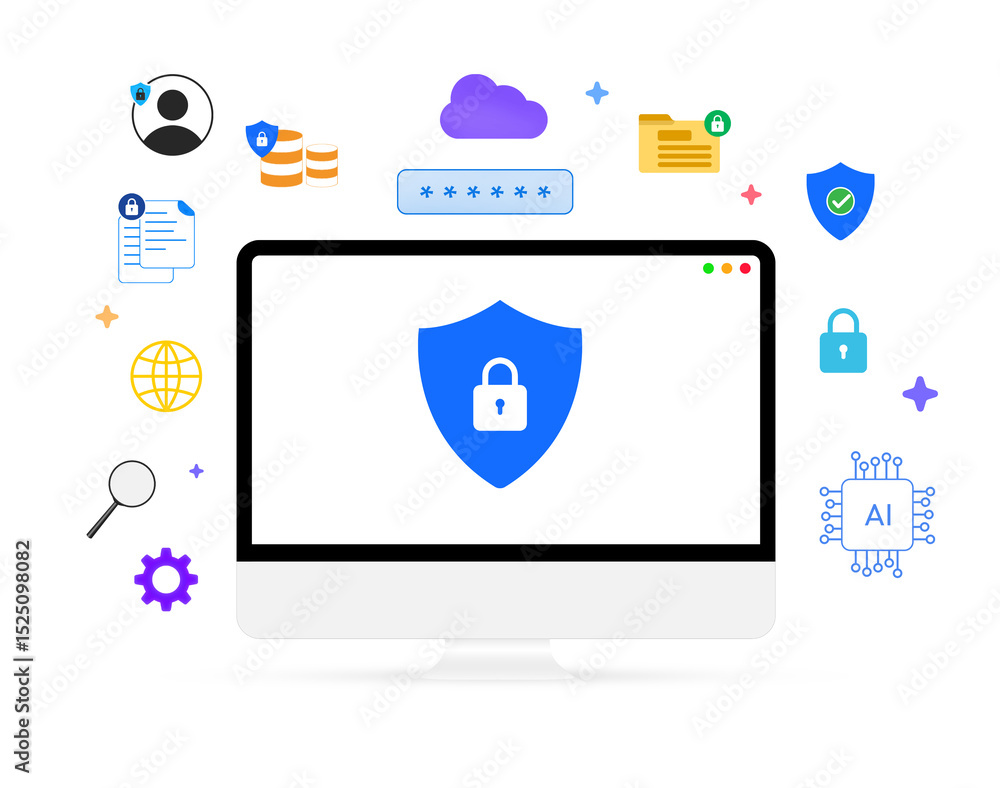 Poster cybersecurity and artificial intelligence with futuristic infographics floating around the computer,