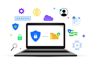 Cybsercurity concept with secured folder and green tick mark on it, floating infographics design. Protected, modern, cloud, data transfer