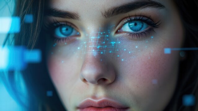 The focus is on a woman with striking blue eyes, her face adorned with a digital overlay that symbolizes the intersection of technology and beauty.