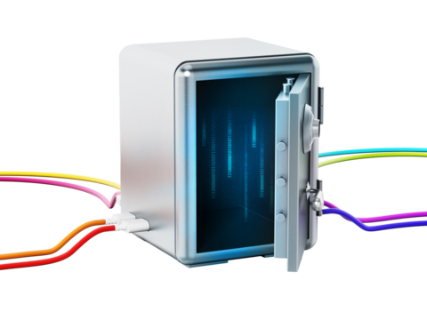 USB cables connected to steel safe on transparent background