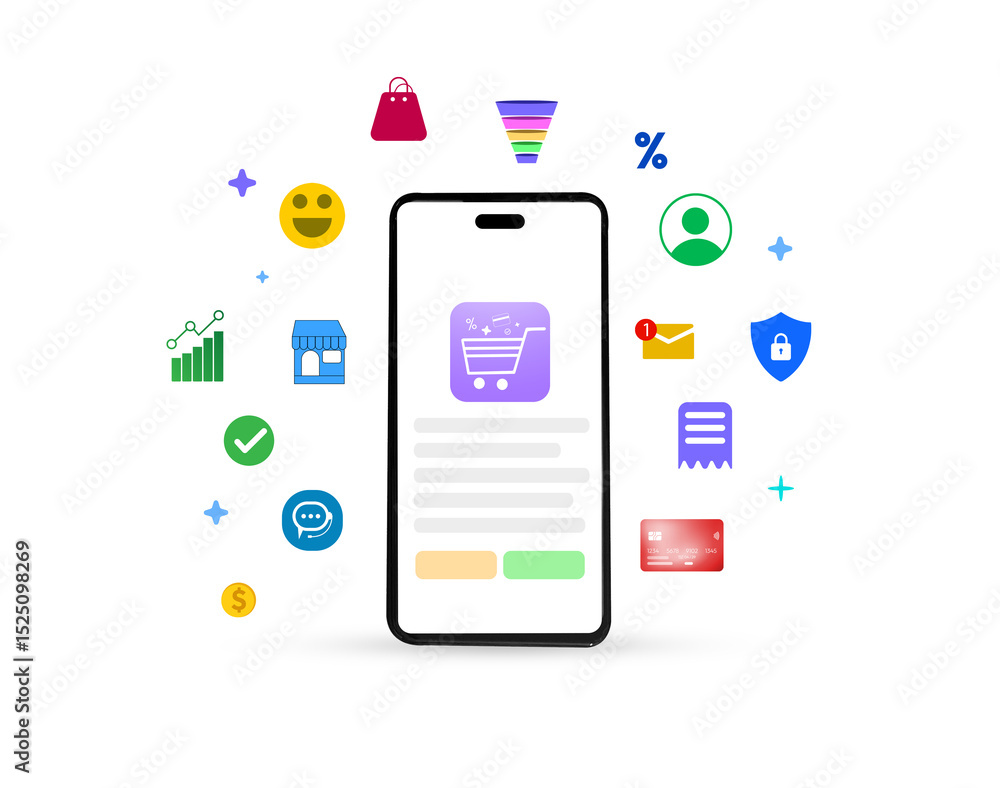 Poster ecommerce platform with cart on the screen and buttons along floating infographics, background. sell