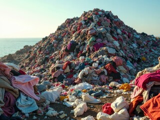 A large pile of discarded clothing sits at the beach, showcasing the impact of fast fashion and textile waste on the environment near the ocean.