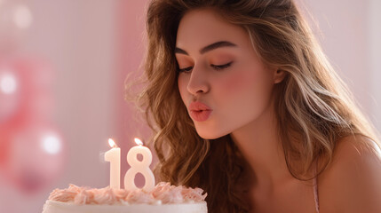 Elegant Young Woman Blowing Out 18th Birthday Candles on Minimal Cake – Dreamy Soft Pink Celebration happy birthday party concept 