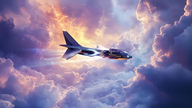 A dreamlike flight scene showing a glowing futuristic glider ascending through divine clouds filled with rich light and gentle vapor swirls