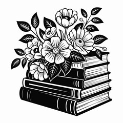 Black and White Floral Book Stack Illustration