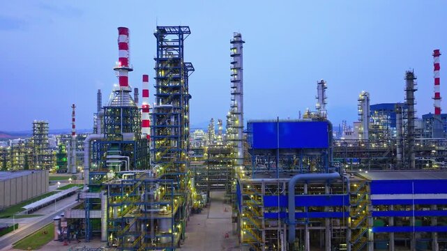 Aerial photography of a petrochemical refinery at night