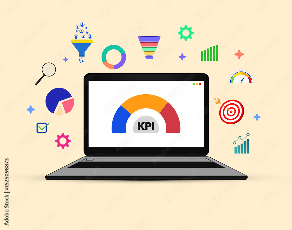 Poster key performance indicator meter showing bar with floating shapes around the laptop. online, software