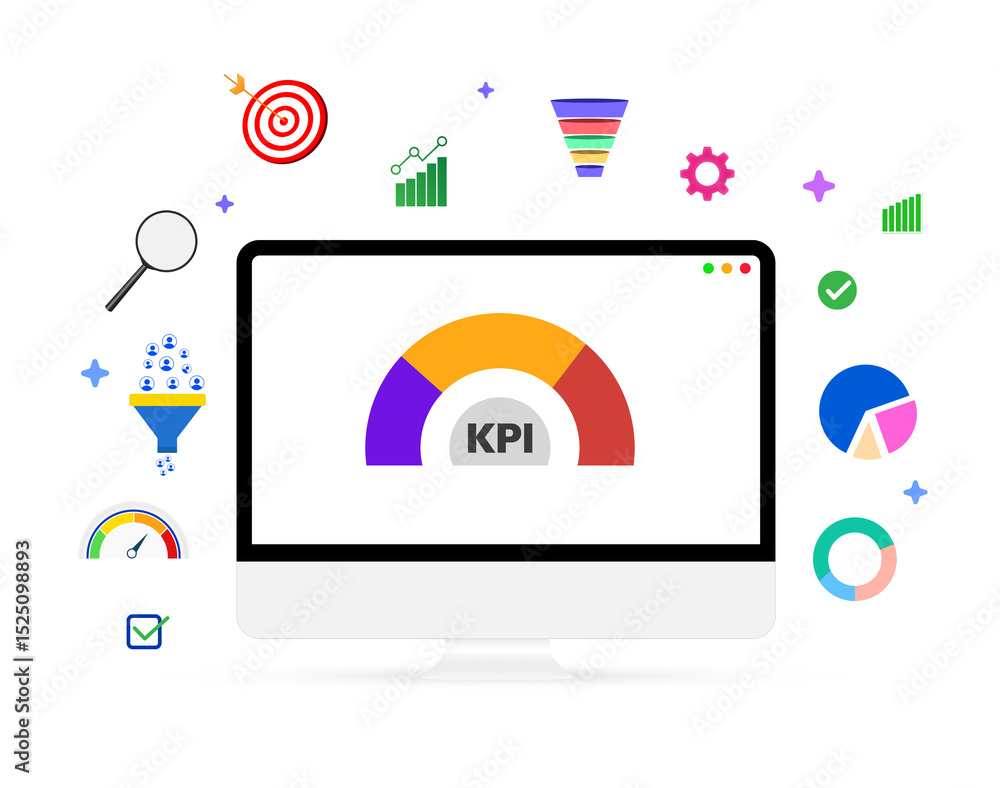 Poster kpi meter showing on the computer screen with colorful bar and floating shapes, modern business grow