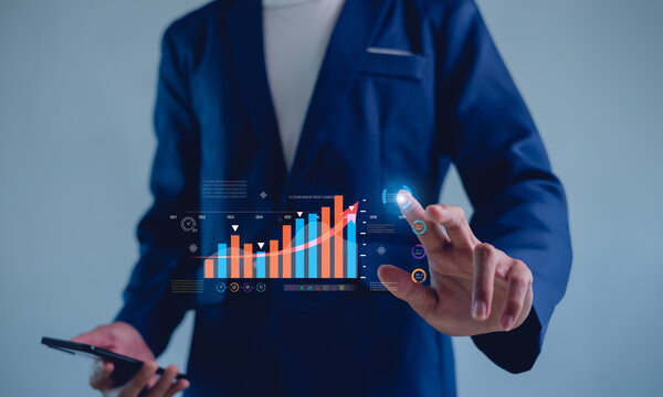 Concept digital transformation technology strategy, Analyst working with Business, metrics connected to database Corporate.