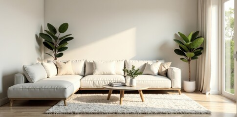 Neutral palette living room, plush rug, soft lighting, clean lines, cream, simple