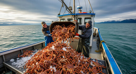 Fishermen on a boat actively sort a large haul of crabs, on deck under the bright daylight. The crew, dressed in waterproof gear, are busy with the catch, surrounded by the open s