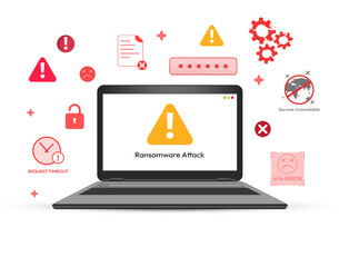 Ransomware attack on the laptop with red alert signs floating around the screen, warning. Virus attack, screen, security breach