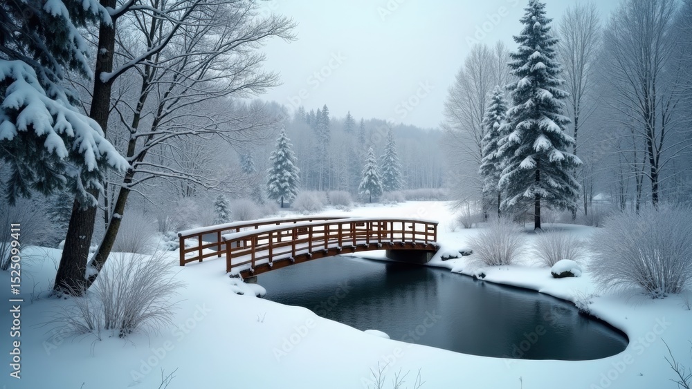 Poster bridge over a frozen pond with snow-covered trees in the background. the scene is peaceful and seren