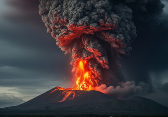 A powerful volcanic eruption with flowing lava and a vast ash cloud looms over an ancient ruined city.