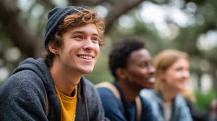Fototapeta premium Joyful Multiracial Students Bonding on University Campus Under Trees