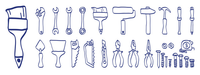 Construction tools vector set. Color brush, marker or pen sketch. Adjustable wrench, brush, roller, hammer and nails. Screw, nut and bolt. Tape measure, screwdriver, putty knife, saw