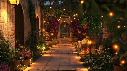 Fototapeta premium 54. Evening scene of patio surrounded by ambient pathway lights