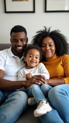 A black family enjoys quality time together on a couch, smiling as the child sits comfortably in their lap, creating a warm and happy atmosphere.