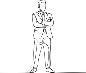 Continuous single line sketch of a confident businessman standing with crossed arms in minimalist outline drawing style

