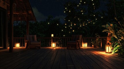 82. Wooden deck patio at night with ambient lantern lighting