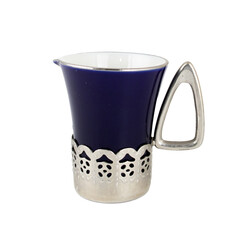 20250608009 Elegant cobalt blue and silver creamer or milk pitcher on white.