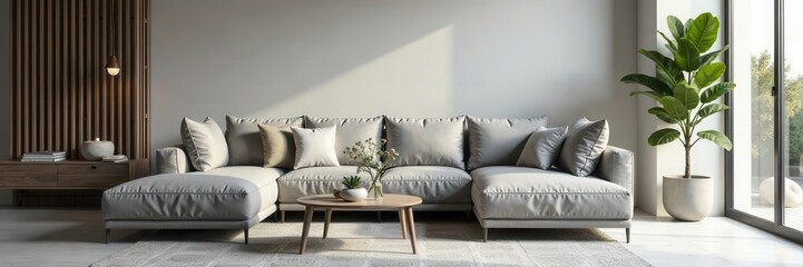 Contemporary gray sofa, minimalist design, comfy cushions , modern furniture, home interior