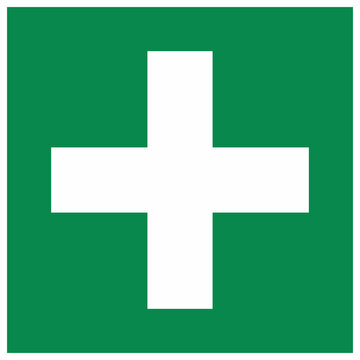 Green first aid cross symbol indicating location of medical assistance and emergency treatment