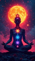 Meditative figure silhouette, vibrant chakra colors , silhouette, healing