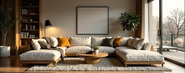 Modern living room, plush seating, wooden elements, cozy blankets , interior design, plush