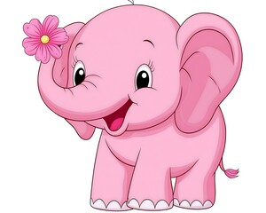 Fototapeta premium A smiling cartoon pink elephant holds a flower to show affection