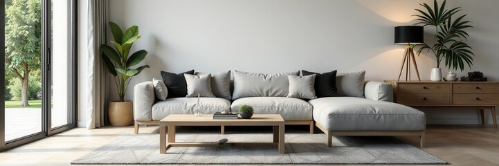 Sleek gray couch, natural light floods modern room with wooden coffee table, geometric area rug, home interior, contemporary decor