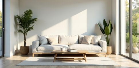 Sleek sofa, minimalist coffee table, bright sunlit room, simple, decor