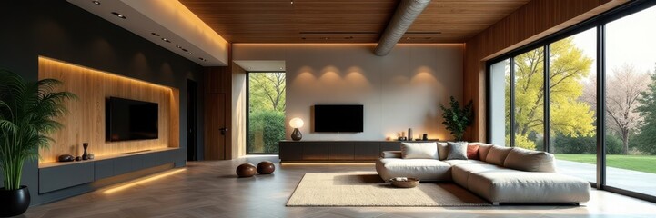 Sleek modern home interior reveals exposed ductwork & beams, wood, shadow