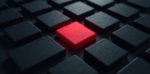 Single red block amidst numerous black ones, stark visual contrast , abstract, color