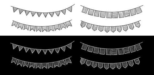 Doodle party bunting. Sketch carnival garland with flags. Decorative doodle party pennants for birthday celebration, hand drawn festival decoration.
