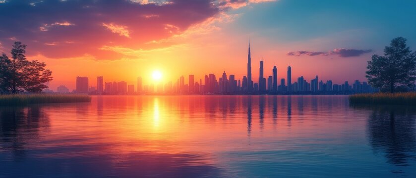 Colorful sunset over city skyline reflected in water