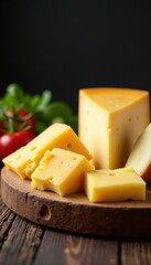 Varied cheeses, cheddar, brie, gouda, rustic wood board, cheese, wood