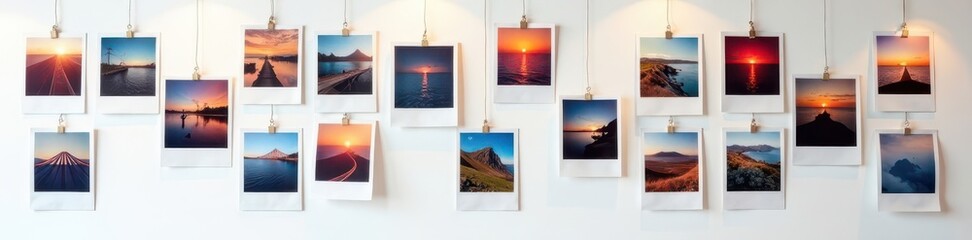 Various polaroid photos arranged on white wall, creating vibrant display, background, display, polaroid