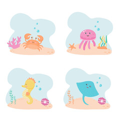 Set of sea animals  swimming in the sea underwater. Poster with animals on white background. Flat Vector illustration. 