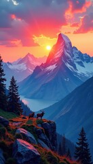 Vibrant sunrise paints mountain peaks, awakening wildlife , scenic, fauna, awe