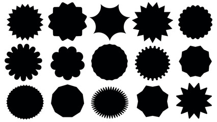 Collection of star label, starburst promotional badge set, shopping tags, flat style vintage sticker, black promo tags on white background, bursting sticker promo badges for price