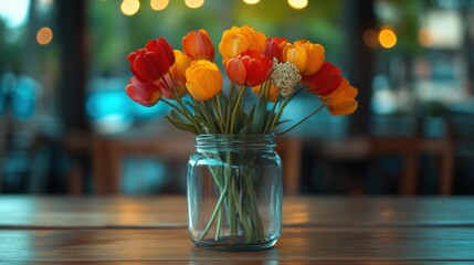 Colorful tulips in clear glass jar